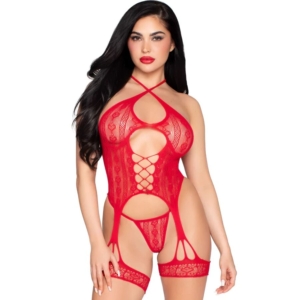 LEG AVENUE - 89338 SET BODY ABIERTO CON LIGUERO + TANGA DE ENCAJE ROJO - TALLA ÚNICA