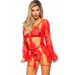 LEG AVENUE - 86123 SET BODY + BATA DE LIGUERO ROJO TALLA S
